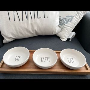 Rae Dunn DIP EAT TASTE bowls w wooden tray